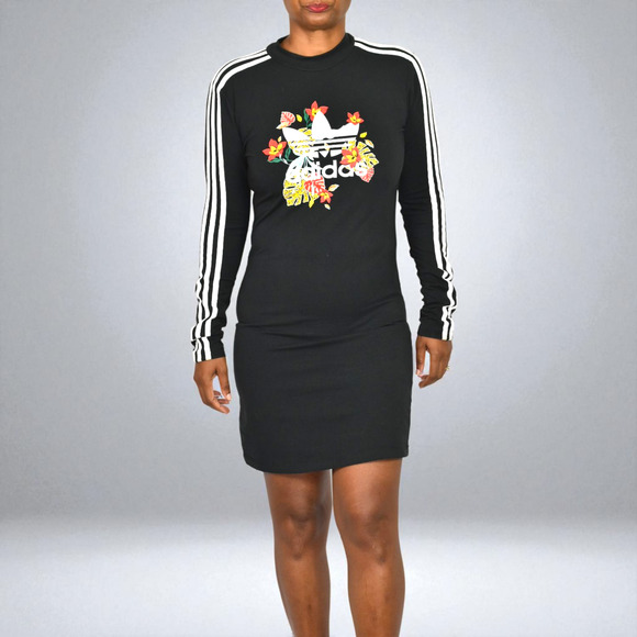 Adidas HER Studio London Floral Trefoil Dress Black Long Sleeve Mini Logo Medium - Picture 11 of 15